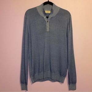 H Stockton Blue Virgin Wool Henley Pullover Sweater Men Size L Knit Preppy